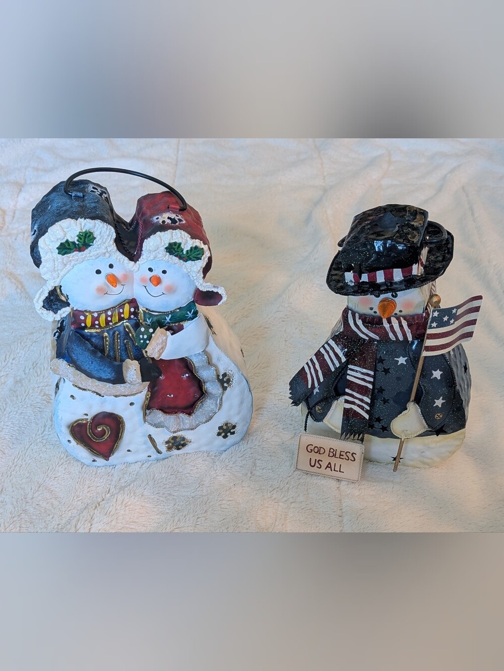 Patriotic Snowman Duo Set - White,Red & Blue Metal Holiday Candle Décor